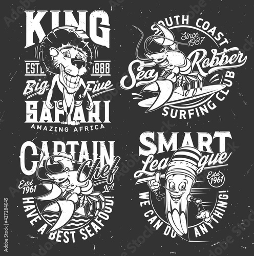 T-shirt prints with lobster, lion and pencil vector mascots. Surfing and safari club, smart league and seafood restaurant. T shirt emblems for sport team apparel design templates, isolated label set