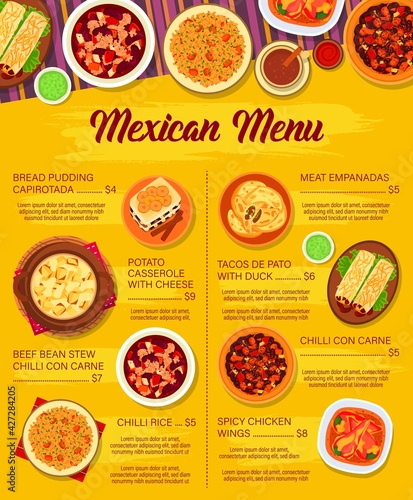 Mexican cuisine vector menu template. Potato casserole with cheese, meat empanada and spicy chicken wings. Chilli con carne, tacos de pato with duck, rice or bread pudding capirotada meals of Mexico
