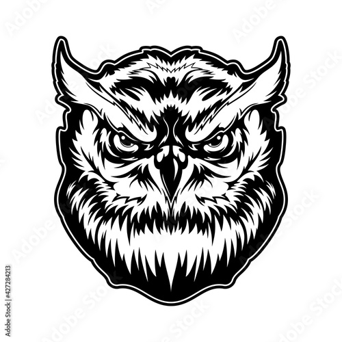 Owl animal head with angry face vector tattoo, mascot or t-shirt print design. Great horned owl, bird of prey with black and white feathers, facial disc plumage and beak, wildlife fauna themes