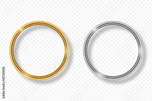 Set of gold and silver round frame on transparent background with shadow. Golden and silver 3d realistic geometric circle border with glow shine and light effect. Vector illustration.