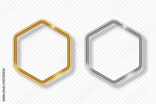 Set of gold and silver hexagonal frame on transparent background with shadow. Golden and silver 3d realistic geometric hexagon border with glow shine and light effect. Vector illustration.