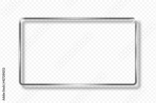Silver rectangle frame on transparent background with shadow. Silver 3d geometric rectangular border with glow shine and light effect. Vector illustration.