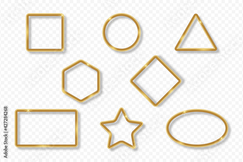 Set of gold frames on transparent background with shadow. Golden 3d realistic geometric borders in different shapes with glow shine and light effect. Vector illustration.