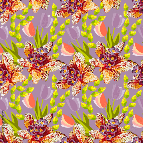 Primula. leaves and tulips  abstract seamless pattern.