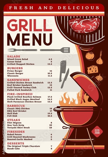 Grill menu with bbq food vector template. Barbecue meat, chicken or beef steak, charcoal grill, chef knives, bbq fork and fire flames, menu brochure of cafe, bar and restaurant design