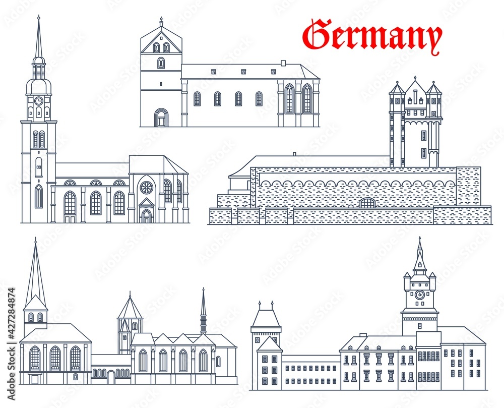 Germany landmark buildings, castles, cathedrals and churches, vector icons. Germany landmark of Munster Cathedral, Saint Reinold and Peter church in Dortmund, Schwanenburg Castle in Kleve and Eltville