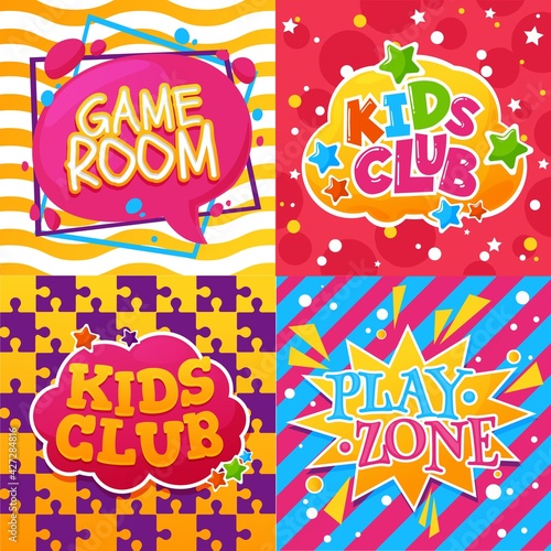 Kids club, game room and play zone cartoon posters of vector child education activity. Children entertainment gamer room and club with bright paint splatters, stars, puzzles and comics speeches