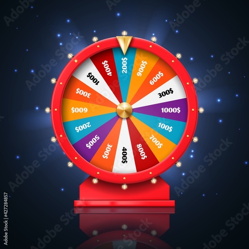Fortune wheel or lucky spin games, vector casino and gambling design. 3d lottery, jackpot and money prize winner roulette with gold arrow, colorful win sections, light bulbs and sparkles