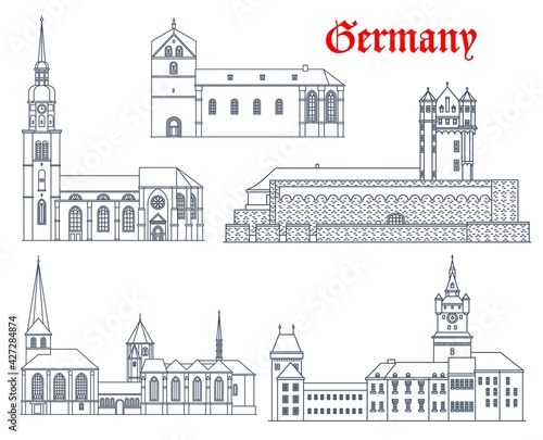 Germany landmark buildings, castles, cathedrals and churches, vector icons. Germany landmark of Munster Cathedral, Saint Reinold and Peter church in Dortmund, Schwanenburg Castle in Kleve and Eltville