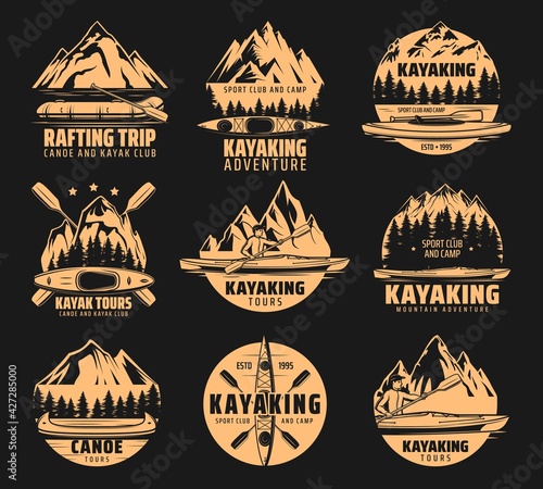 Kayaking sport icons, rafting and canoe tours, vector outdoor adventure club symbols. Nature camping and hiking expedition to river and mountain on kayak, canoe and raft lake boat icons