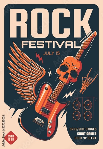Rock festival of heavy music retro poster. Vector electric guitar, skull and loudspeakers, skeleton hand horn gesture, lightnings and angel wings invite flyer of hard rock fest. Musical flyer