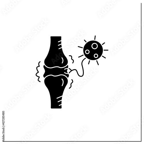 Joint pain glyph icon.Covid molecule attacking joints.Concept of corona virus disease system health effects, arthritis and high fever symptoms.Filled flat sign. Isolated silhouette vector illustration