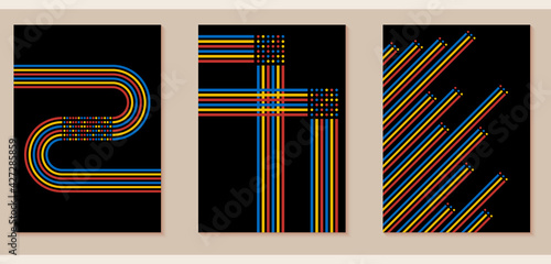 A set of three colorful aesthetic geometric backgrounds. Minimalistic posters for social media, cover design, web, home decor. Vintage illustrations with stripes, shapes, circles, lines, boho arch.