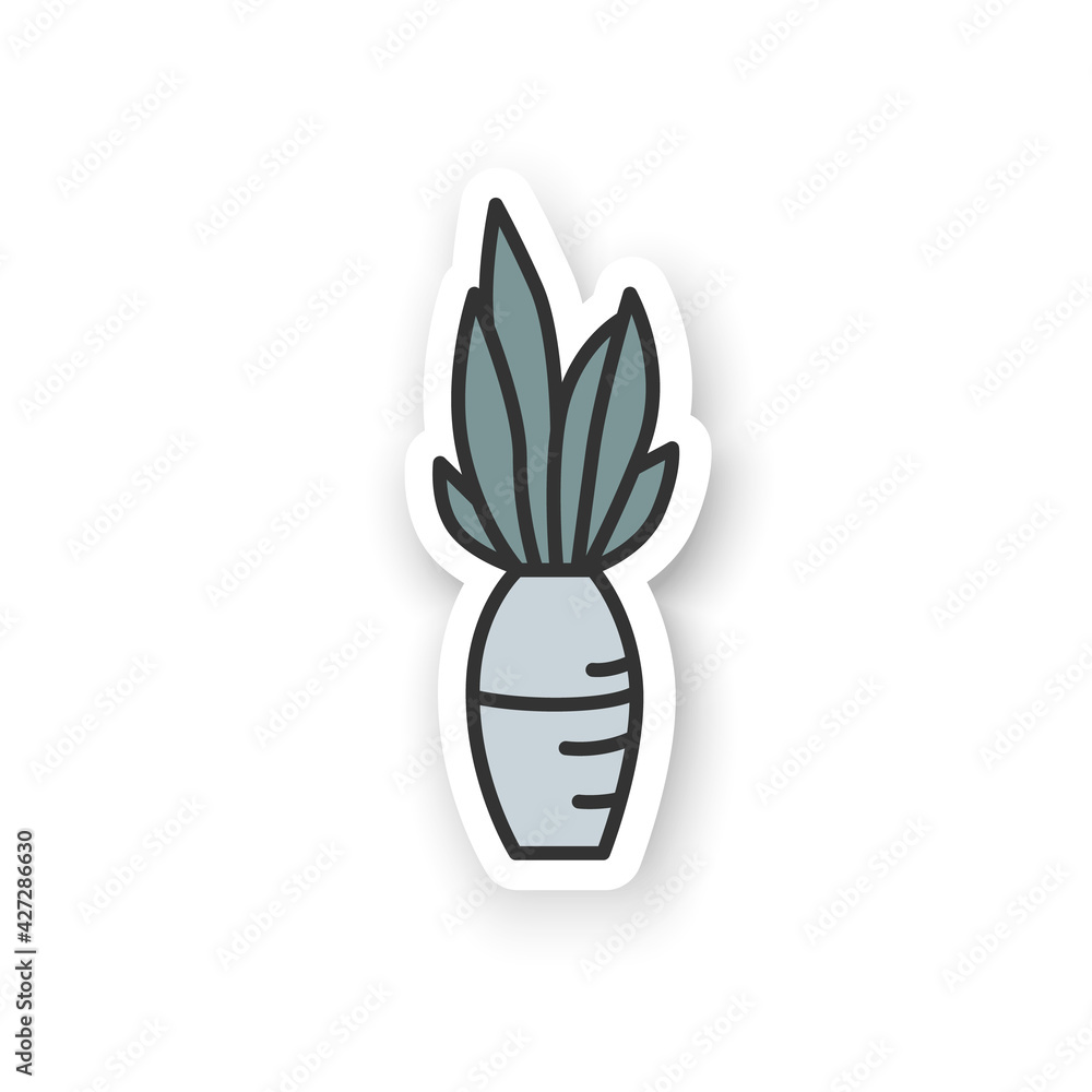 Blanket house sticker. Home plant. Tropical plant for house interior decor badge for designs. Beautiful home plant in pot. Houseplant emblem