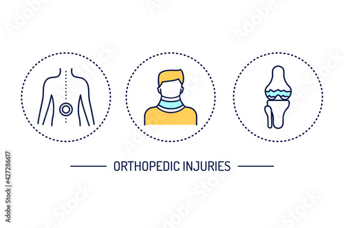 Orthopedic injuries line color icons set. Rehabilitation after injuries. Isolated vector element.