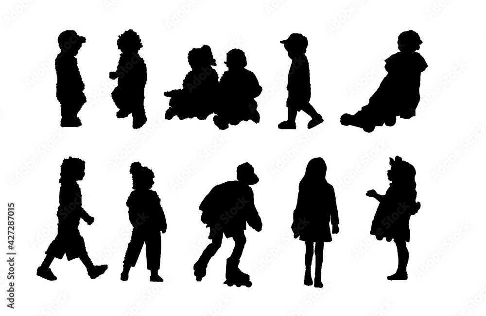 Silhouettes of children. They are standing, walking and playing.