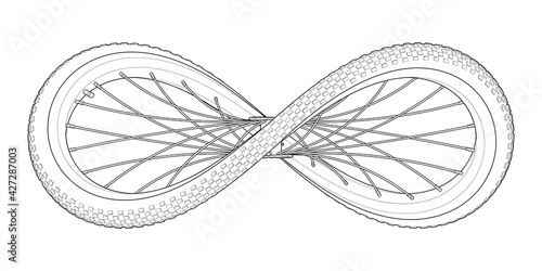 Sport bicycle wheel curved like Infinity sign. Symbol of a cycling lifestyle with editable outlines. Vector illustration isolated on white background..