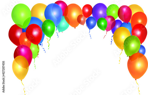 colorful balloons isolated on white. Realistic rainbow balloons Frame vector set. Balloons with ribbons isolated on white background. Balloon realistic for festival, flying helium ball illustration