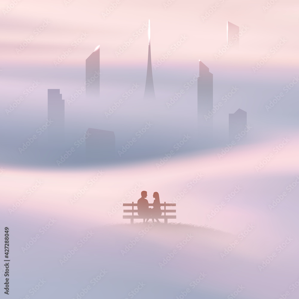 Lovers on bench in park. Silhouette of couple. City buildings in fog