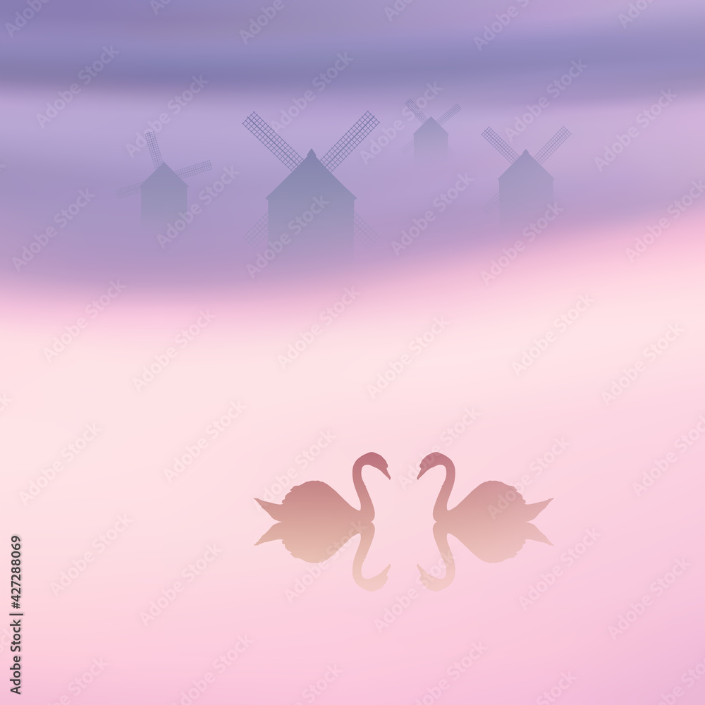 Swans on lake. Romantic birds couple silhouette. Old windmill in fog Swans on lake. Romantic birds couple silhouette. Old windmill in fog