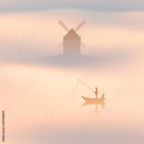 Fisherman in boat with dog. Man with fishing rod. Old windmill in fog