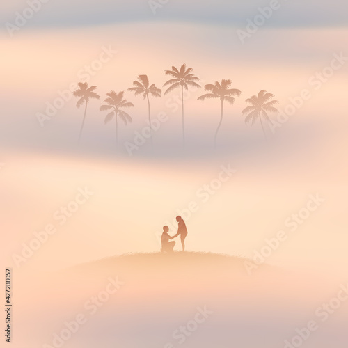 Lovers under palm trees. Romantic marriage proposal. Couple silhouette