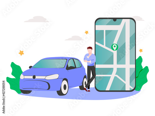 Vector illustration of autonomous online car sharing service controlled via smartphone app. Phone with location mark and smart car with modern city skyline. Isolated connected vehicle remote parking.