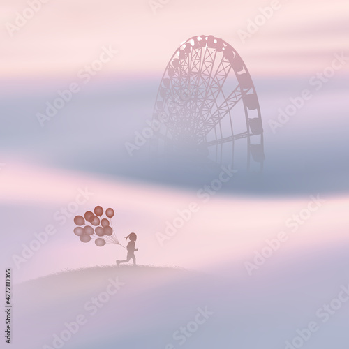 Girl with balloons. Child silhouette in park. Ferris Wheel in fog