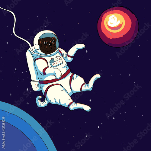 Cute funny dog  weared a spacesuit floats outer space. Flat illustration concept about cosmonautics and astronautics. Kids poster, print, postcard