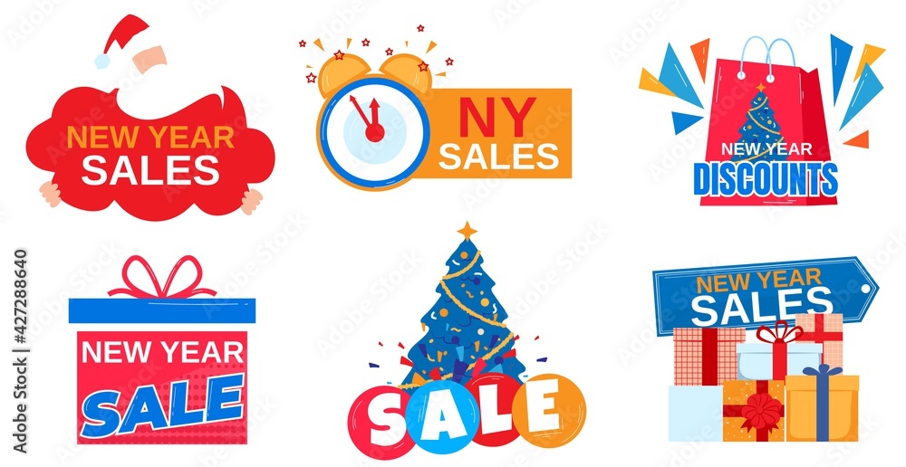 New year sale, gifts background, isolated on white, celebrate banner, ribbon decoration, in cartoon style vector illustration.