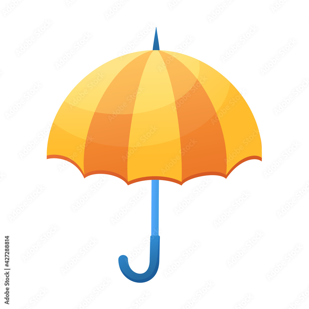 Bright vector striped umbrella in cartoon style. Yellow-orange umbrella icon isolated on white background
