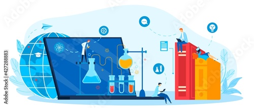 Science laboratory, research chemistry, experiment test microscope, education biotechnology, flat style vector illustration.