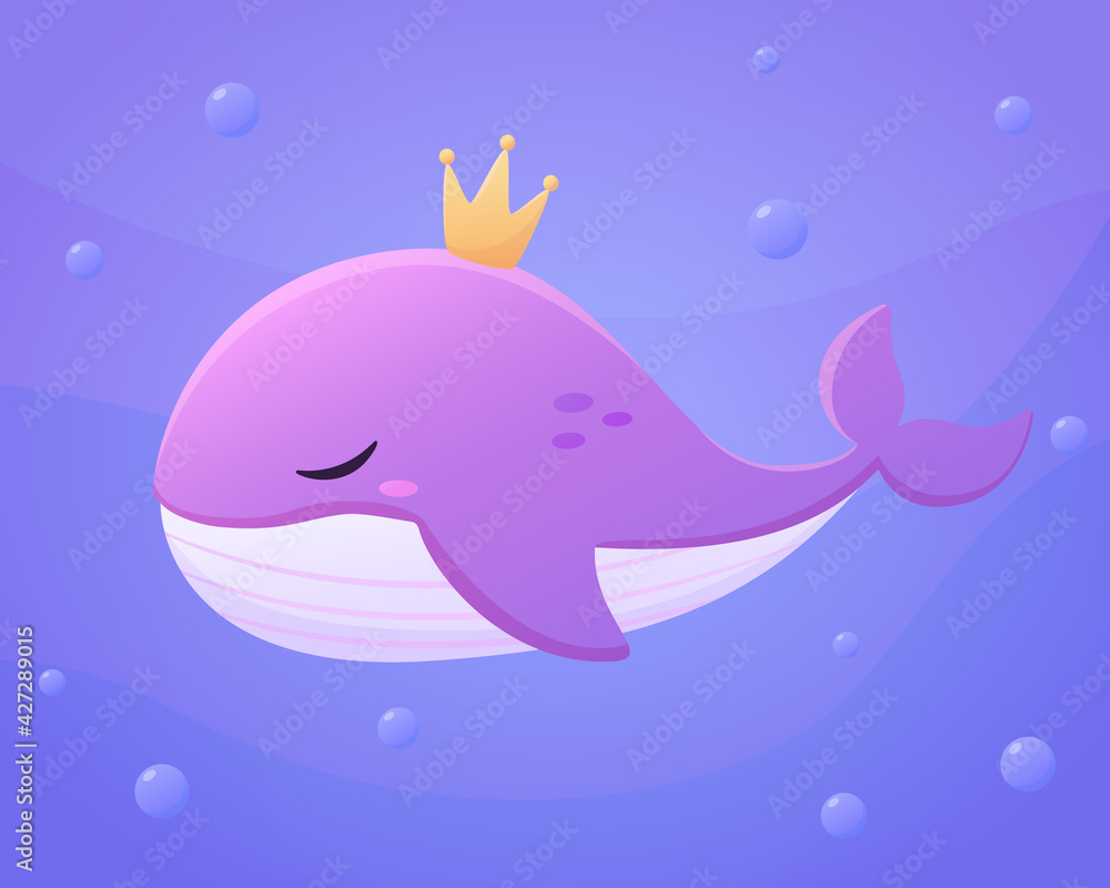 Obraz premium Vector illustration of a beautiful cute whale with a crown. Animal in the ocean in cartoon style. Sea world. 