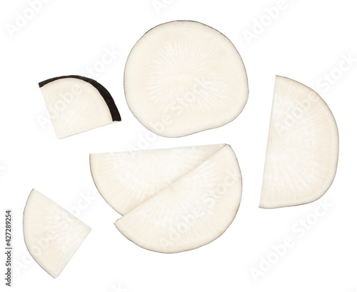 Black radish slices isolated on a white background, top view