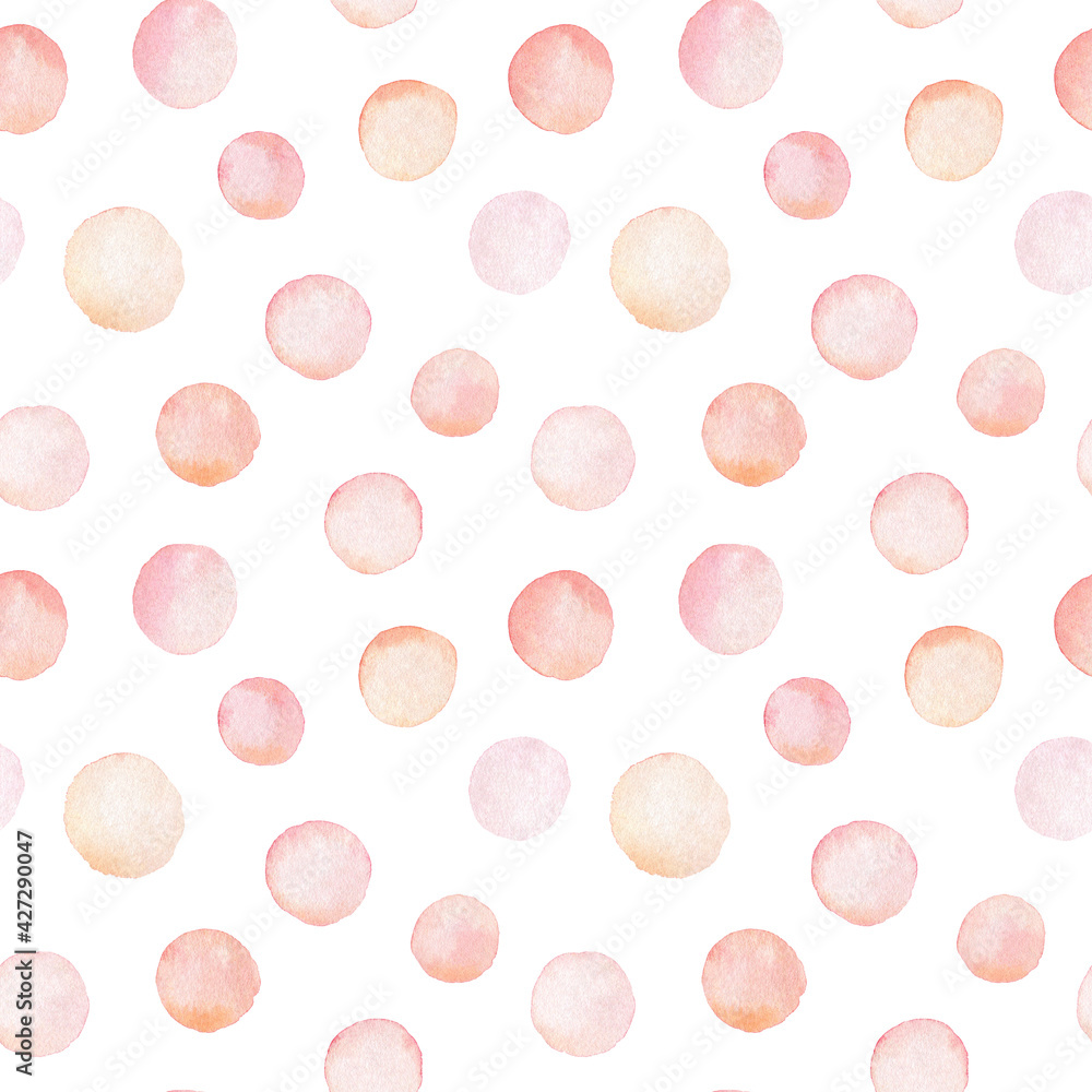 Seamless pattern with watercolor stains in pastel colors. Abstract hand-drawn background. Muted pink and peach shades. Perfect for wrapping paper, covers, prints, invitations, decorations.