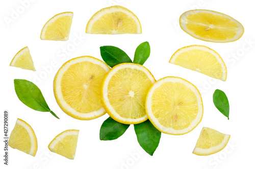 Lemon slices isolated on white background. Flat lay, top view