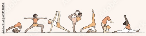 Hand drawn banner of diverse young women practicing various yoga asanas