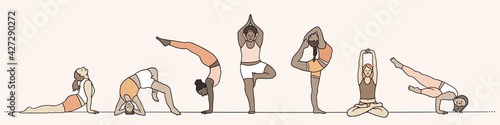 Hand drawn banner of diverse young women practicing various yoga asanas