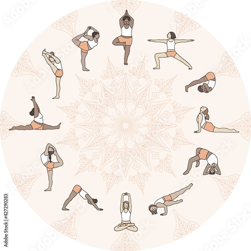 Hand drawn clock face with diverse young women practicing yoga