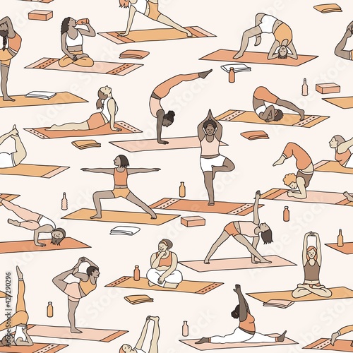 Hand drawn seamless pattern of diverse young women practicing yoga asanas
