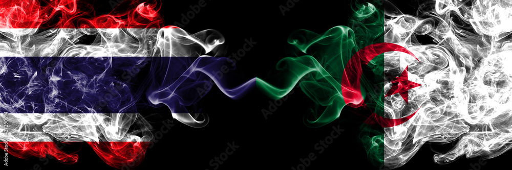 Thailand, Thai vs Algeria, Algerian smoky mystic flags placed side by side. Thick colored silky abstract smokes flags. Thailand, Thai vs Algeria, Algerian smoky mystic flags placed side by side. Thick colored silky abstract smokes flags.