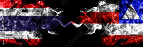 Thailand, Thai vs Bahia, Brazil smoky mystic flags placed side by side. Thick colored silky abstract smokes flags.
