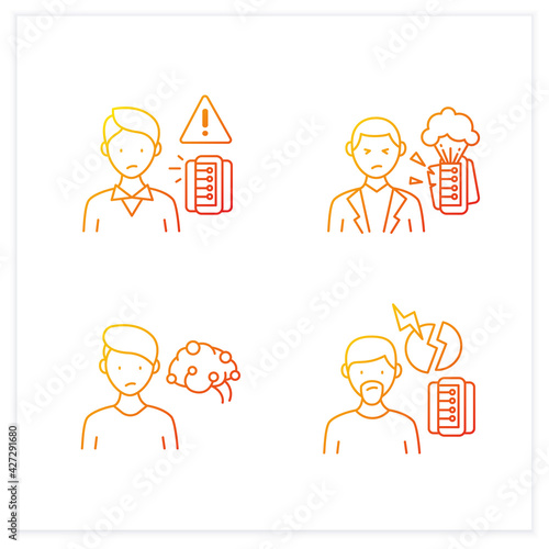 Information overload gradient icons set. Consists of continuous partial attention, information explosion, fake info.Isolated vector illustrations.Suitable to banners, mobile apps and presentation