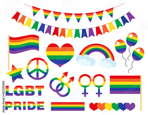 PRIDE LGBTQ icon set flat style. LGBT Pride Month collection of symbols. Heart, Rainbow, Gender, Bisexual, Gay, Lesbian, Flag, Love. Vector illustration