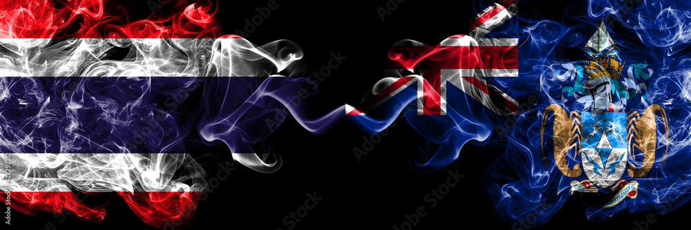 Thailand, Thai vs British, Britain, Tristan da Cunha smoky mystic flags placed side by side. Thick colored silky abstract smokes flags.