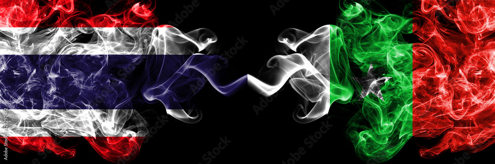 Thailand, Thai vs Casamance, Senegal smoky mystic flags placed side by side. Thick colored silky abstract smokes flags. Thailand, Thai vs Casamance, Senegal smoky mystic flags placed side by side. Thick colored silky abstract smokes flags.