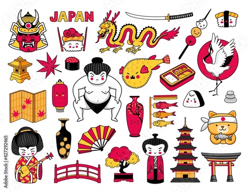 Set of kawaii japanese cartoon stickers. Geisha, sushi, pagoda; sumo wrestler, bonsai, puffer fish and dragon. Vector illustrations.