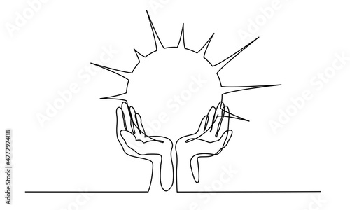 Human Hands palms together holding Sun. Continuous one line