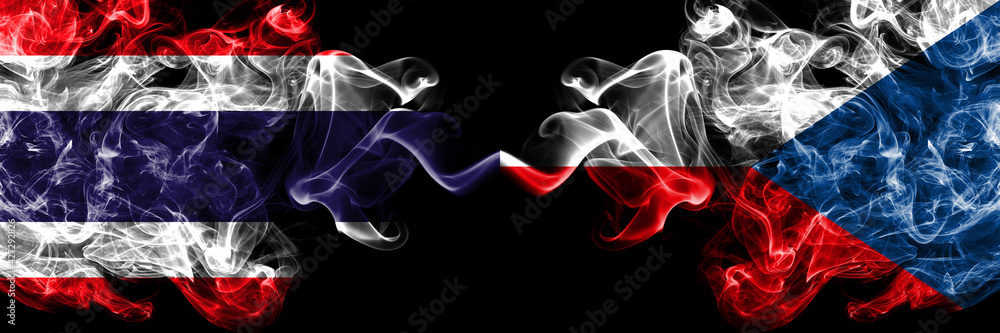 Thailand, Thai vs Czech Republic smoky mystic flags placed side by side. Thick colored silky abstract smokes flags. Thailand, Thai vs Czech Republic smoky mystic flags placed side by side. Thick colored silky abstract smokes flags.