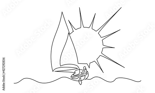 Sailing boat on wave of sea with Sun. Continuous one line drawing
